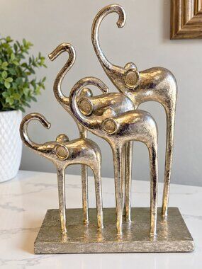Silver Tone Elephant Family Sculpture Set of 4 Metal Decor